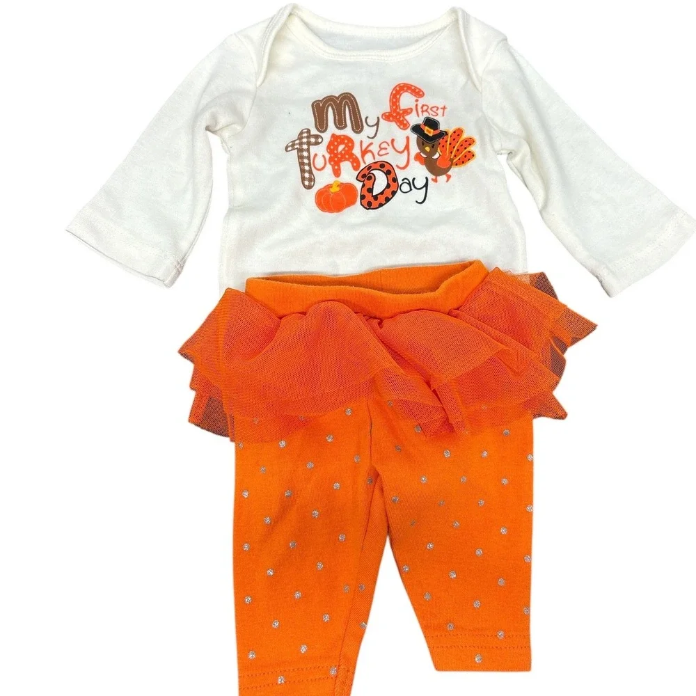Baby Girl First Turkey Day Outfit White‎ L/S Top & Orange Tulle Skirt Leggings